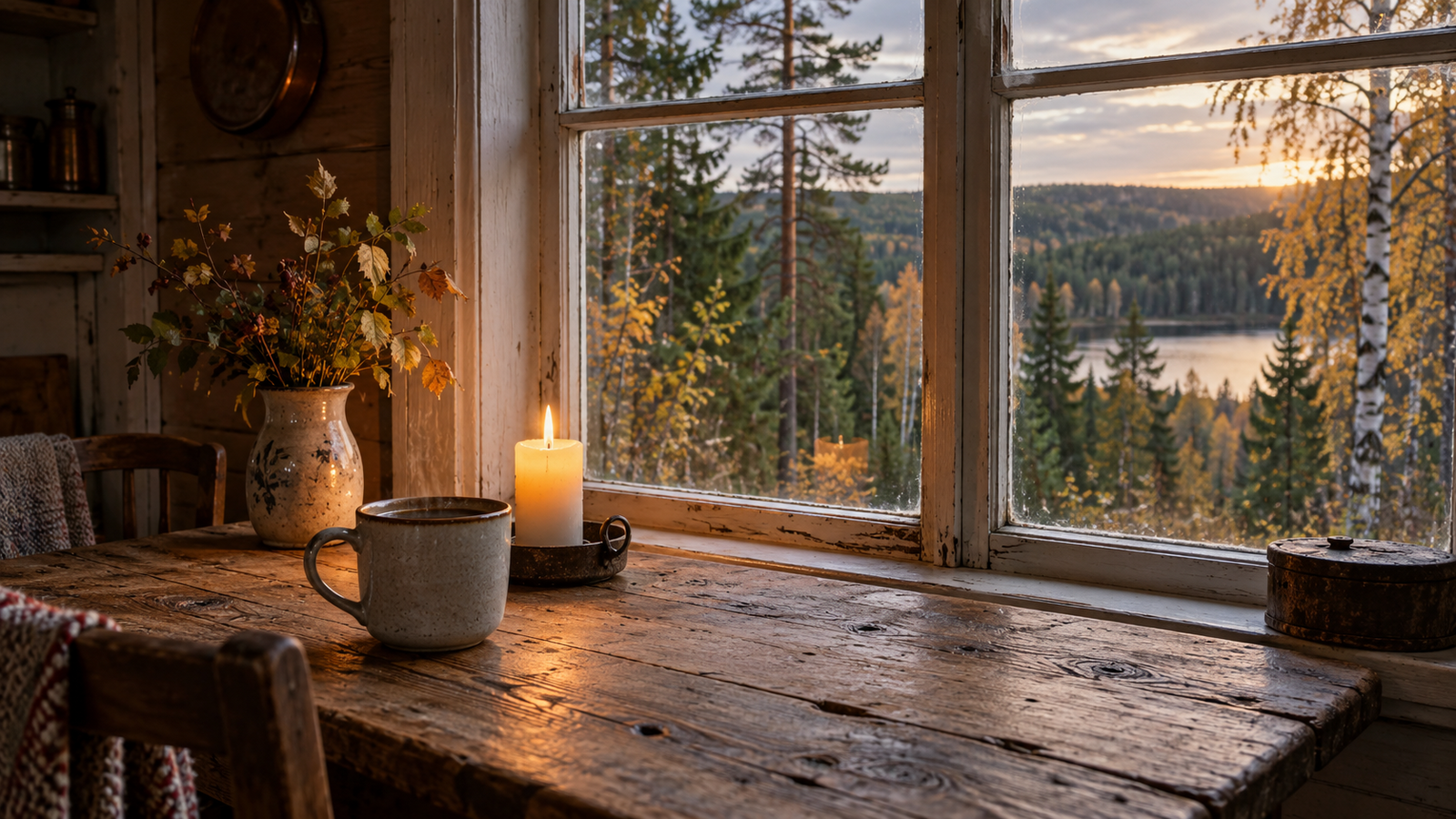 Kerzenlicht und eine Tasse am Fenster mit Blick über Wald und See