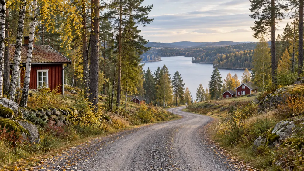Ruhiger schwedischer Landweg mit rotem Holzhaus im Herbstlicht