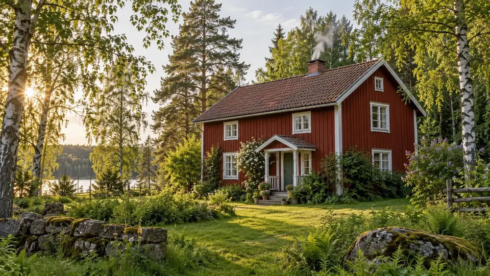 Rotes schwedisches Holzhaus am Waldrand