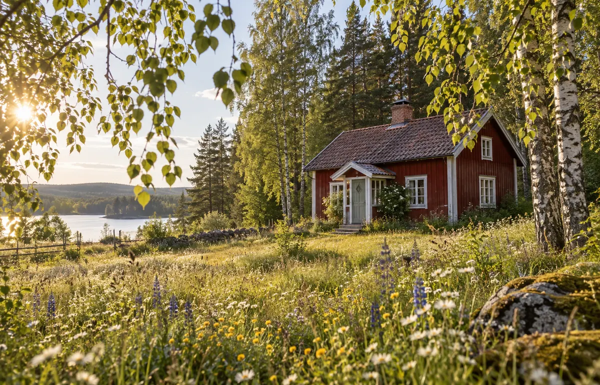 Rotes Schwedenhaus in einer sonnigen Blumenwiese am See