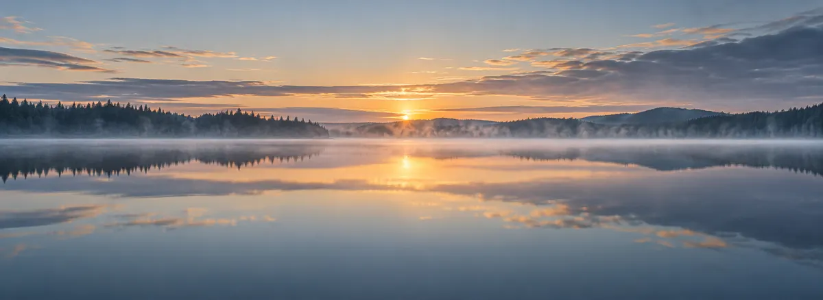 Holzsteg an einem schwedischen See bei Sonnenaufgang