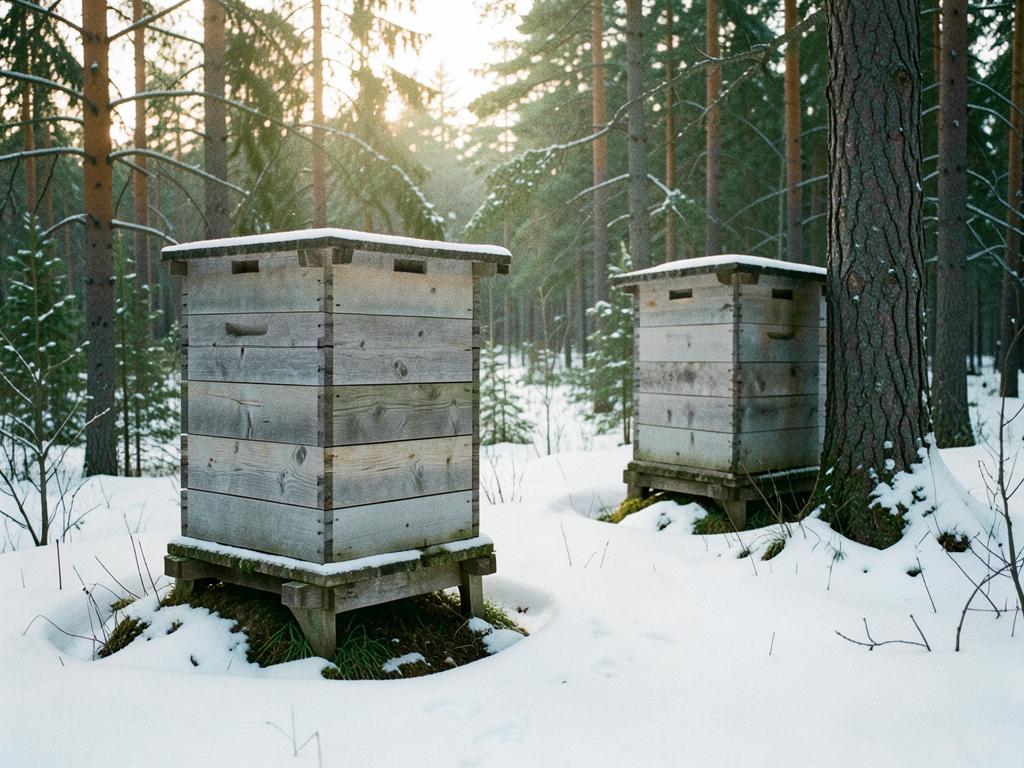 Bienenstöcke im verschneiten schwedischen Wald